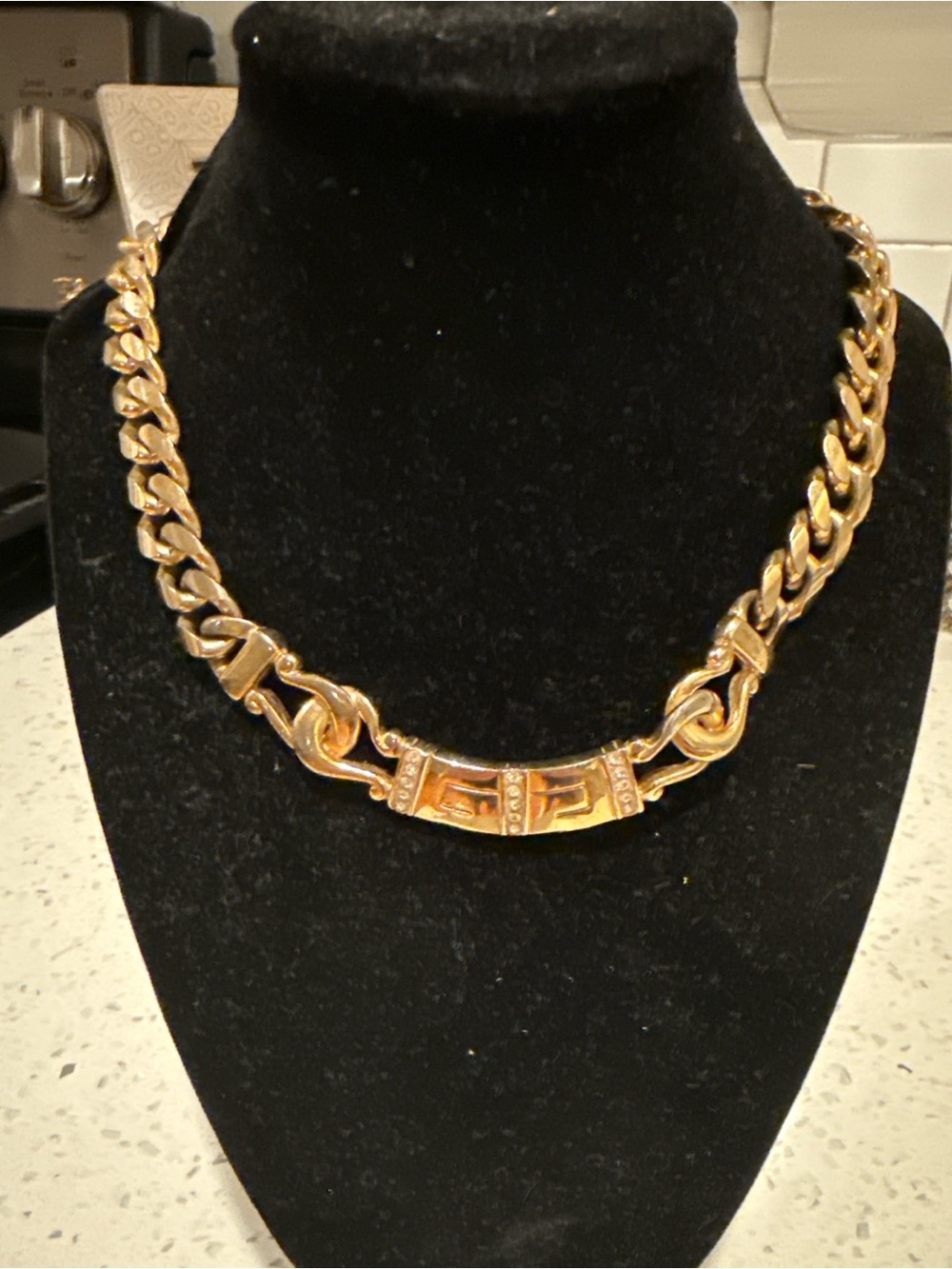 Vintage Givenchy Gold Tone Rhinestone Curb Chain Statement Necklace